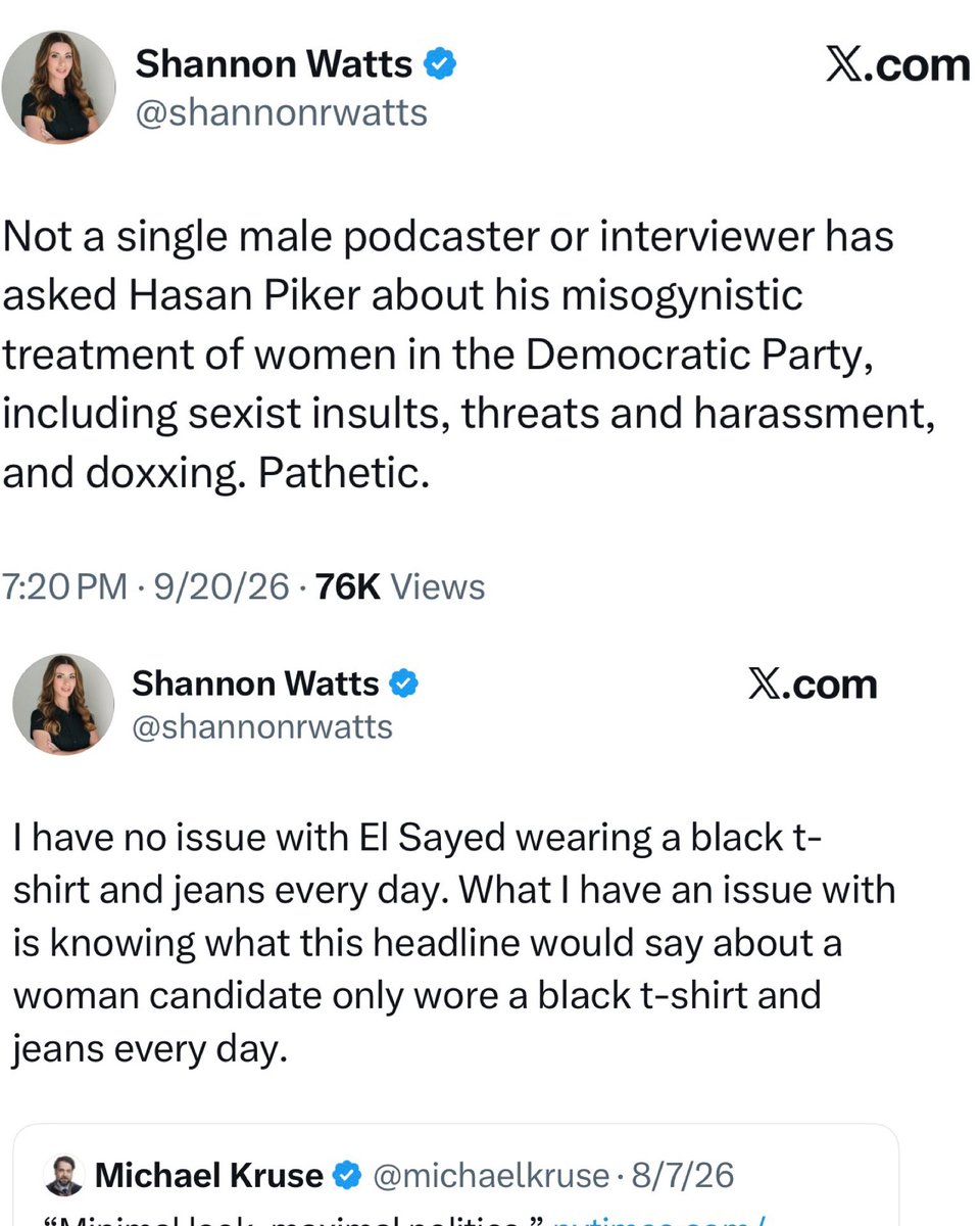 oelayat's tweet photo. Shannon Watts' sexism detector:

1.A hypothetical headline about a hypothetical woman's t-shirt ✅
2.Podcasters willing to interview Hasan Piker ✅
3.Co-hosting podcast with a man whose Wikipedia controversies section needs its own table of contents 😴 https://t.co/dV7CvLvmFl