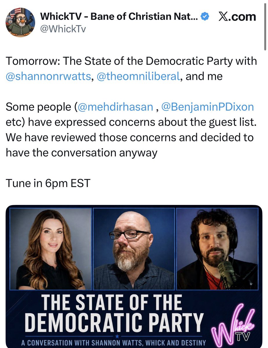 oelayat's tweet photo. Shannon Watts' sexism detector:

1.A hypothetical headline about a hypothetical woman's t-shirt ✅
2.Podcasters willing to interview Hasan Piker ✅
3.Co-hosting podcast with a man whose Wikipedia controversies section needs its own table of contents 😴 https://t.co/dV7CvLvmFl