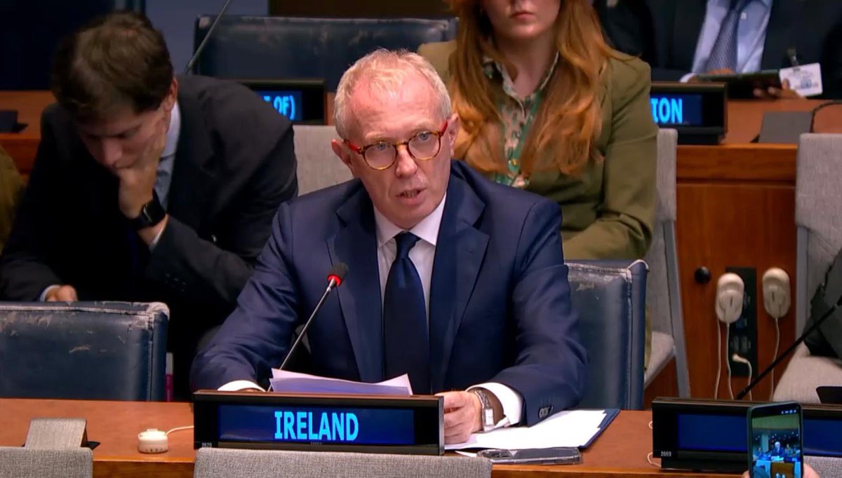 IrishMissionUN's tweet photo. Ireland, as an island nation, is acutely aware that our societies and our lives are intrinsically linked to the ocean. Rising seas pose an existential threat to all regions.
 
At the #UNGA81 High-Level Meeting on Sea-Level Rise, Minister @timmydooley called for collective action and international cooperation to protect communities and our environment by advancing resilience, adaptation, and sustainable development.