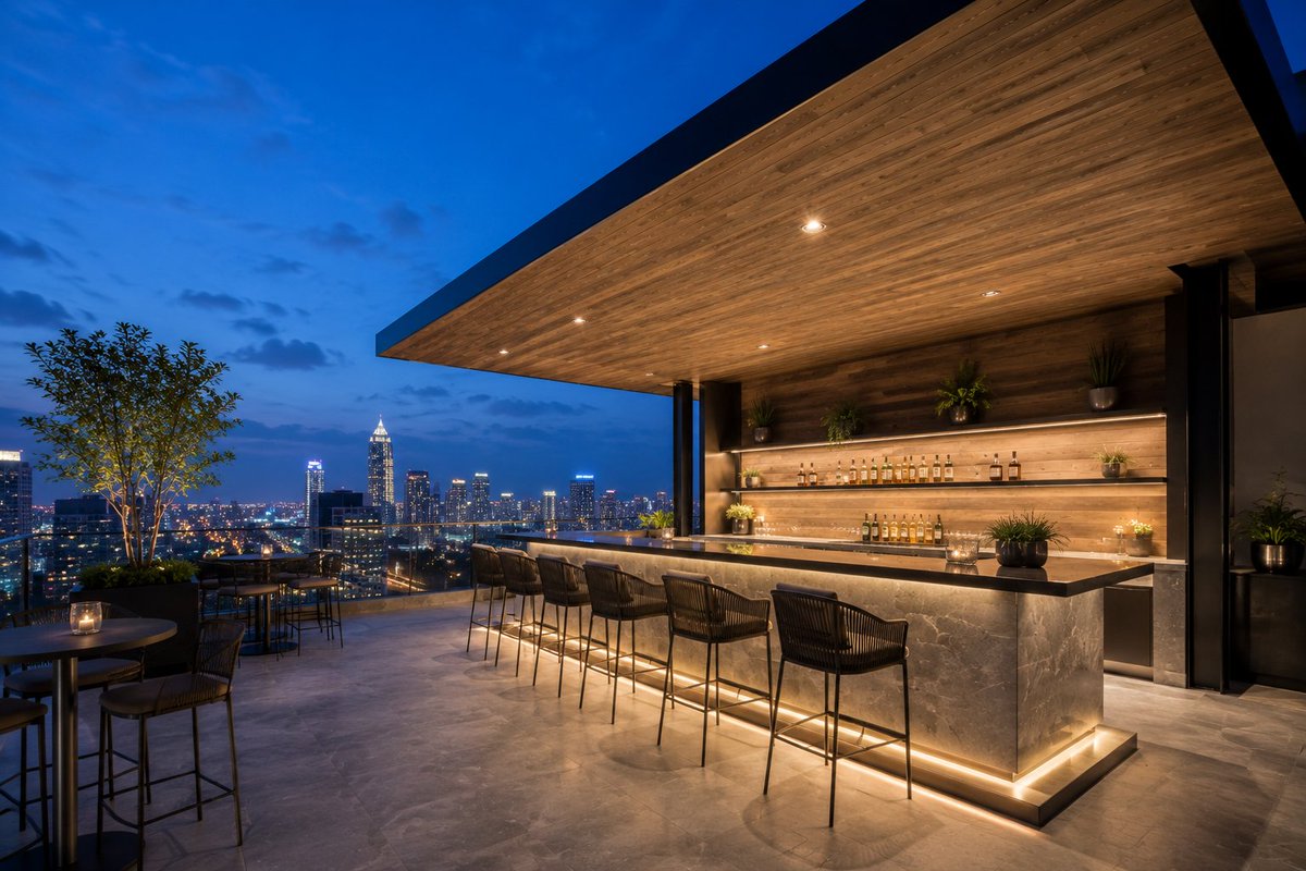Tilton_Coffered's tweet photo. The skyline gets your attention. The woodwork keeps it.
Warm wood-look planks across the ceiling and bar wall give this rooftop space depth, texture, and architectural presence.
A ceiling shouldn’t be an afterthought.
#CeilingDesign #WoodPlanks #RooftopDesign #Architecture https://t.co/xlCQmymjlR
