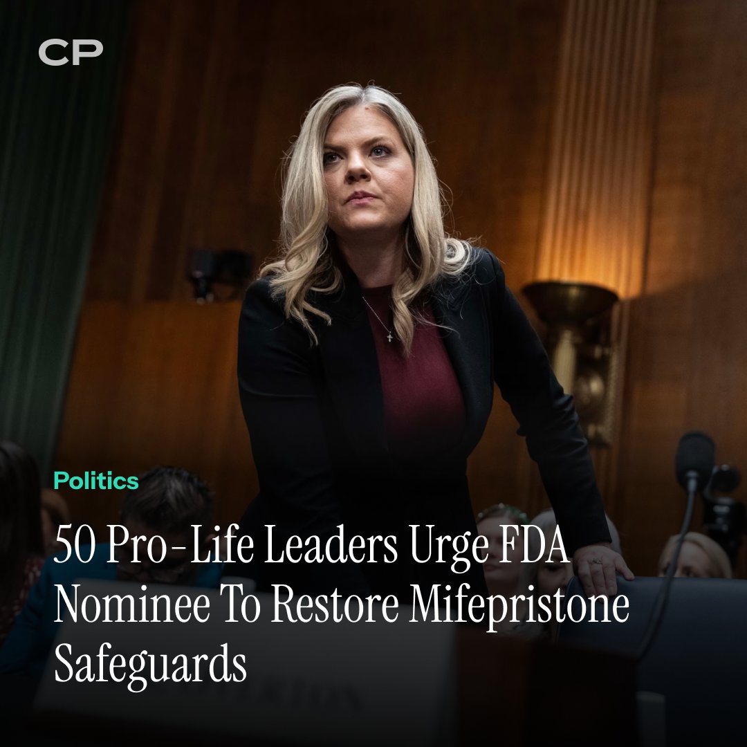 ChristianPost's tweet photo. 50 pro-life leaders urged FDA nominee Dr. Heidi Overton to quickly restore earlier in-person safeguards on the abortion drug mifepristone. #ProLife #Mifepristone #FDA #WomensHealth #ChristianPost
🔗 https://t.co/YIKev4W7Jg https://t.co/27m7mpxP2e https://t.co/rCDChJZsQU