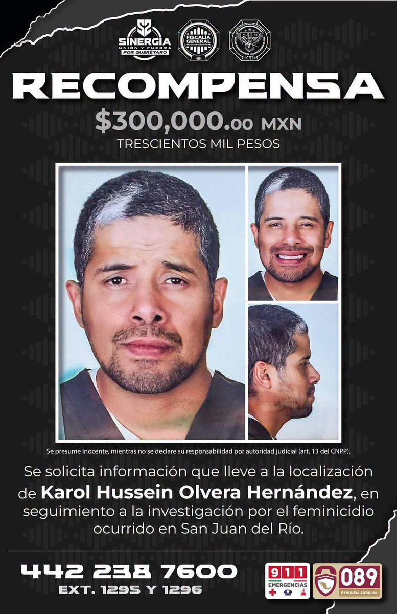 FiscaliaMich's tweet photo. ❗️Solicitamos el apoyo de la ciudadanía para proporcionar información veraz y útil que permita la localización y aprehensión de Karol Hussein Olvera Hernández, investigado por el delito de feminicidio, ocurrido en San Juan del Río, Querétaro. https://t.co/DfJEKPAd3V
