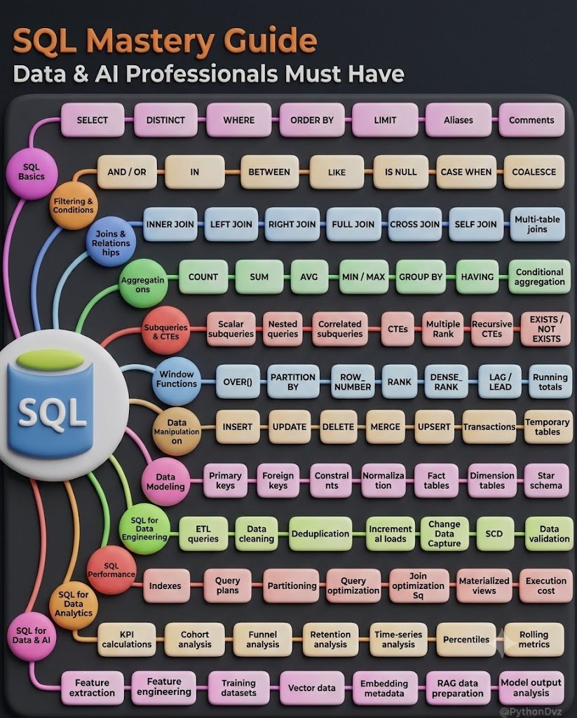 PythonDvz's tweet photo. SQL is the language behind a lot of AI work.

Before a model is trained, a dashboard is built, or a business question is answered, someone has to turn raw data into something trustworthy.

That takes more than knowing SELECT and WHERE.

A practical SQL learning path looks like this:

→ Start with the basics: filtering, sorting, aliases, and CASE WHEN to shape the result you need.

→ Connect the data: joins and EXISTS help you work across related tables without losing track of which rows belong together.

→ Summarize it: GROUP BY, aggregates, and HAVING turn transactions into useful metrics.

→ Ask deeper questions: CTEs, subqueries, and window functions make it possible to rank records, compare periods, and calculate running totals.

→ Build reliable pipelines: MERGE, transactions, deduplication, incremental loads, and validation help keep datasets current.

→ Make queries efficient: indexes, partitioning, query plans, and execution costs matter as data volume grows.

For data and AI professionals, SQL also reaches into cohort analysis, feature extraction, training datasets, and RAG data preparation.

The goal isn’t to memorize every command on this map. It’s to understand how data moves from source tables to a result someone can trust.

Which part of SQL would you add to this learning path?