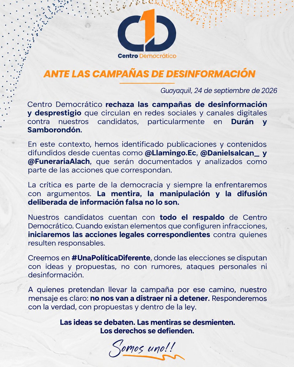 somos1ec's tweet photo. @LlamingoE; @Danielsalcan_; @FunerariaAlach y otros "medios" :

Las ideas se debaten. Las mentiras se desmienten.

Estamos documentando cada caso y actuaremos por las vías legales que correspondan.

#UnaPolíticaDiferente 🟠 https://t.co/ohnAPo4r4u