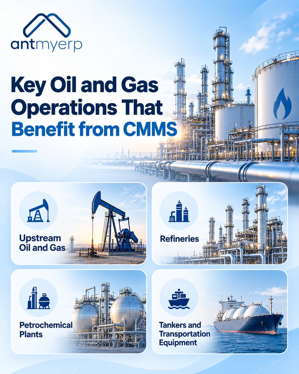 AntmyErp's tweet photo. Managing critical equipment across oil and gas operations?
Maintenance software can help organize assets, inspections, work orders, and service history.
#OilAndGas #MaintenanceSoftware #AssetManagement #PreventiveMaintenance #CMMS #AntMyERP https://t.co/Rrnu3S1spB