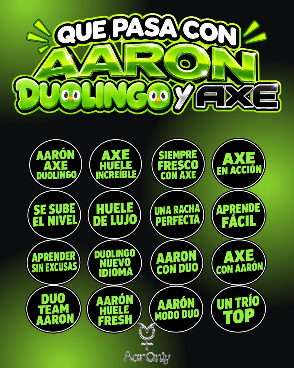 TEAMAARONLY's tweet photo. TENDENCIA 🗣️

Algo traen entre manos @ArnMercurio, @duolingoespanol, y @AxeEspanol. Será que nos contarán? 

Usen las palabras en la tablita más la frase:

QUE PASA AARON DUOLINGO Y AXE  

#AaronMercury #Mercurials https://t.co/7EcAK9UxR8
