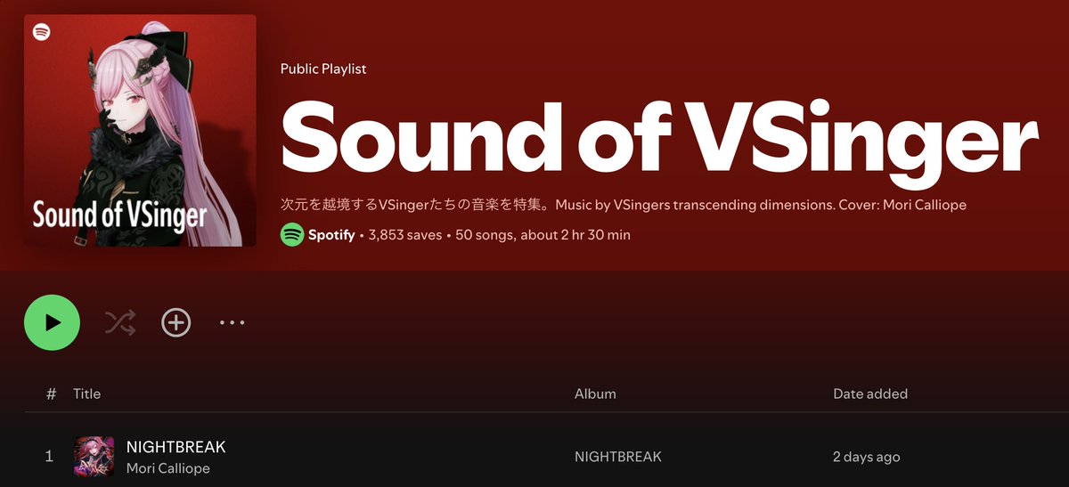 CalliSpotlight's tweet photo. Mori Calliope is currently the cover artist for the Sound of VSinger playlist on Spotify!! Nightbreak among other Calli songs can also be found within the playlist!!!
https://t.co/BVO4ufTapS https://t.co/HozPiBxQnH