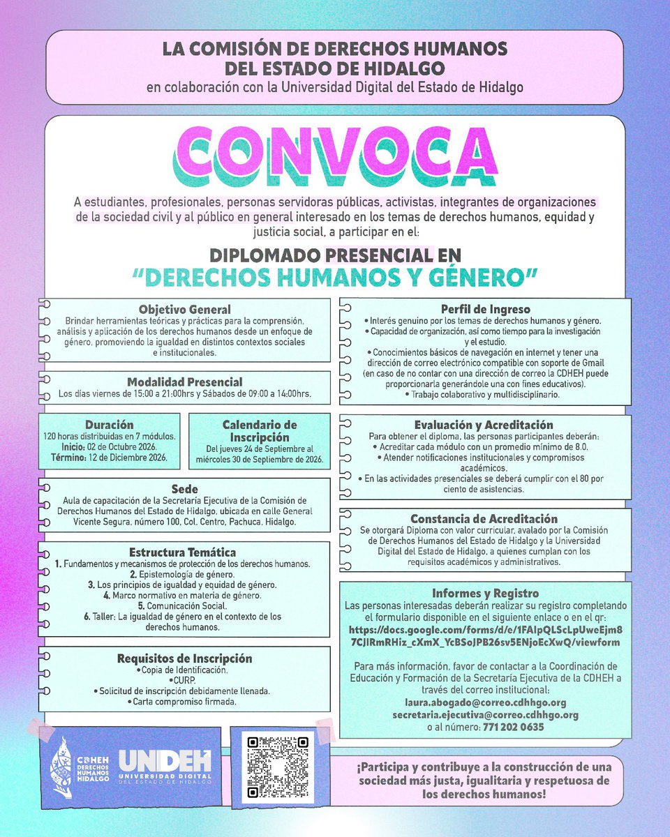CDHEH_Oficial's tweet photo. ◾ La #CDHEH Y #UNIDEH, les invitan a formar parte del Diplomado Presencial “Derechos Humanos y Género”.
📌 Inscripciones del 24 al 30 de septiembre 2026.
📥 Las personas interesadas deberán completar el formulario disponible en el siguiente enlace: https://t.co/UvdNX2FRyC https://t.co/TJbadaBu1P