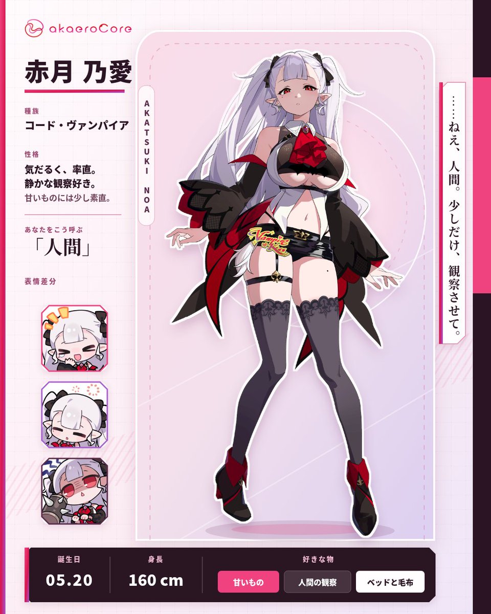 akaeroCore_JP's tweet photo. 【キャラクター紹介】 
赤月姉妹の妹、赤月乃愛（Noa）

コードと情報でできた世界から来た「コード・ヴァンパイア」で、akaeroCore日本公式🇯🇵を担当している。

甘いものとベッド、それから人間の反応を観察するのが好き。

■PROFILE 
赤月乃愛（Noa） 
コード・ヴァンパイア／akaeroCore日本公式担当

#akaeroCore