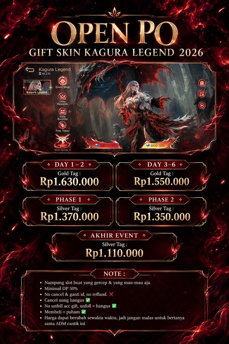 devia_agusti's tweet photo. Open PO &amp; Ress untuk gift skin KAGURA LEGEND 2026 ya!

Harga berubah karena ada ph 1 &amp; Ph 2 nya..

Btw ini aku post pke akun utama!
Untuk akun tiktok resmi pribadi aku ada di grup komunitas Wawa, barcode ada di banner🫶

No tipu 
No scam https://t.co/vo6jtjb0K3