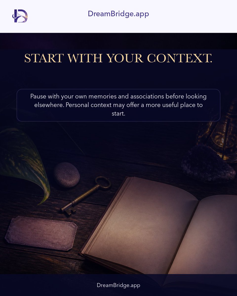 Dreambridge_App's tweet photo. Before you search a symbol, ask what it means in your life.

Pause with your own memories and associations before looking elsewhere. Personal context may offer a more useful place to start. https://t.co/tHm3TZeGVA