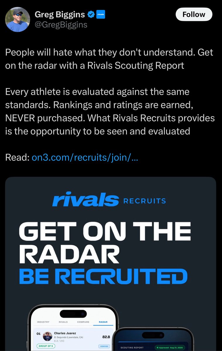 CollegeFBPortal's tweet photo. WILD: More intel from the Rivals ‘paid evaluation’ saga:

Each of the Rivals employees have a unique URL embedded to track how many people sign up from their tweets.

They’re all getting commission to scam thousands of high school athletes across the country.

Disgusting @Rivals