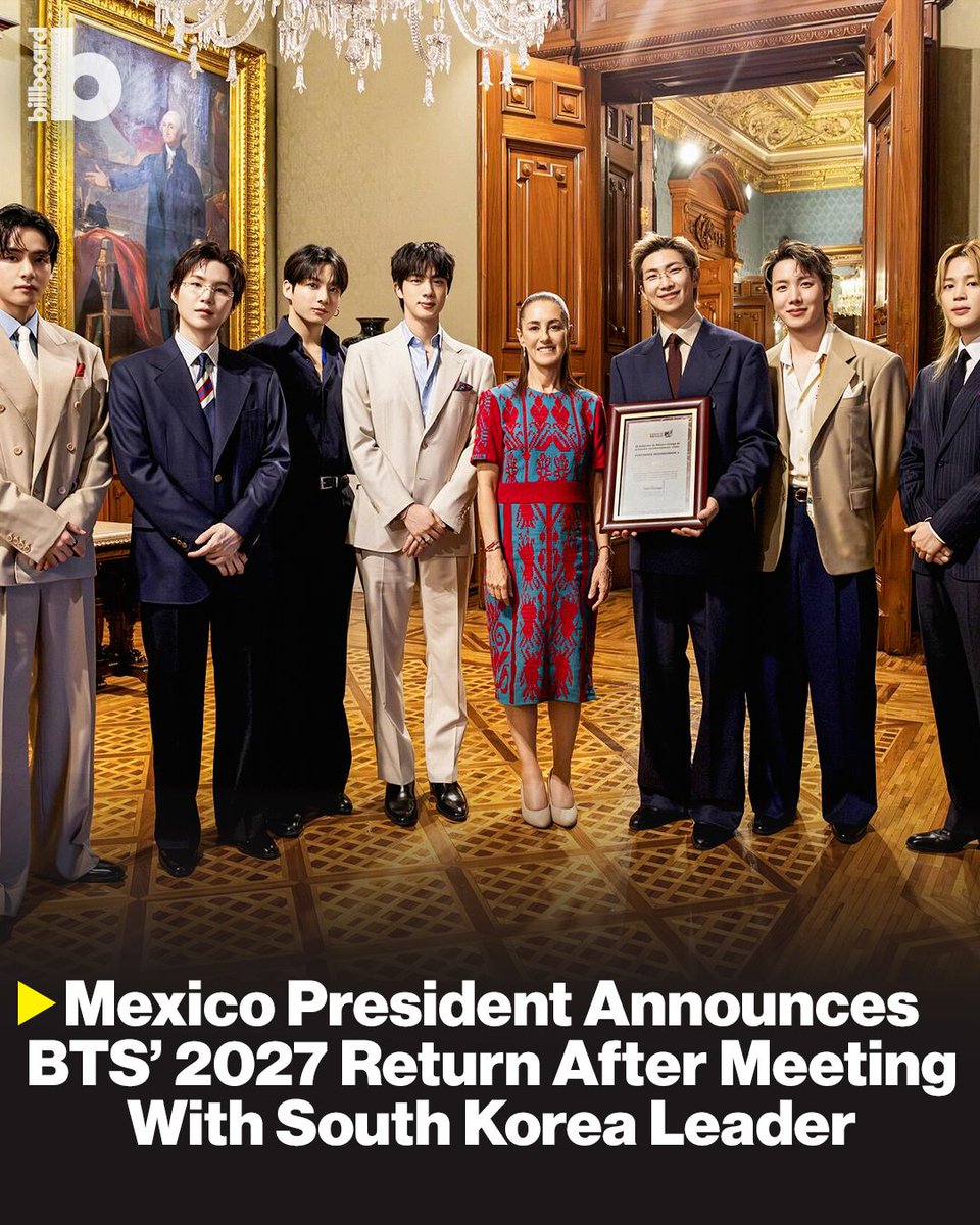 billboard's tweet photo. The president of Mexico has affirmed that BTS will return to the Latin American country in 2027.

More details: https://t.co/IehQxHvGtR https://t.co/YAogc57grA