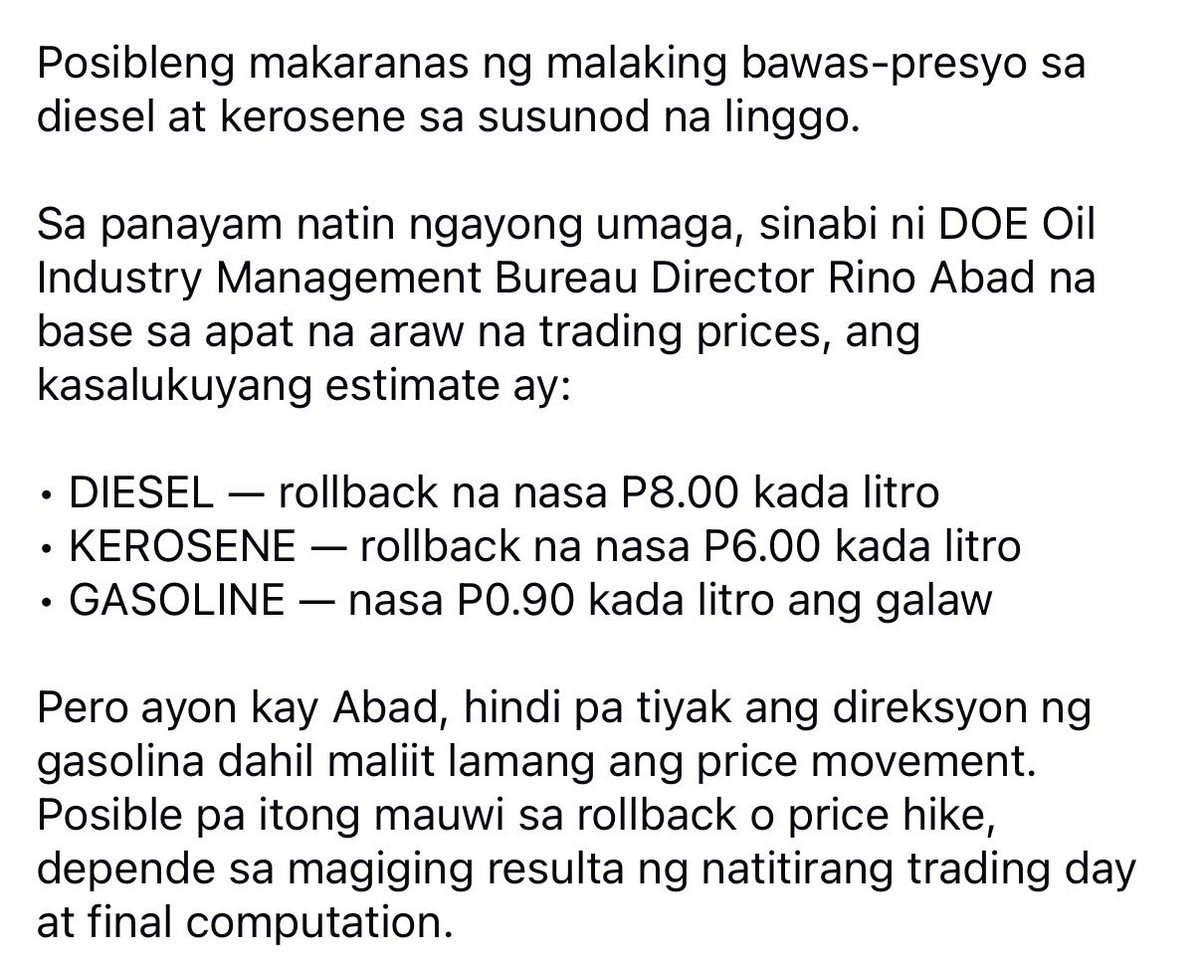 _djchacha's tweet photo. P8/L ROLLBACK SA DIESEL, P6/L SA KEROSENE POSIBLE SA SUSUNOD NA LINGGO — DOE https://t.co/pAVY8P0K7v