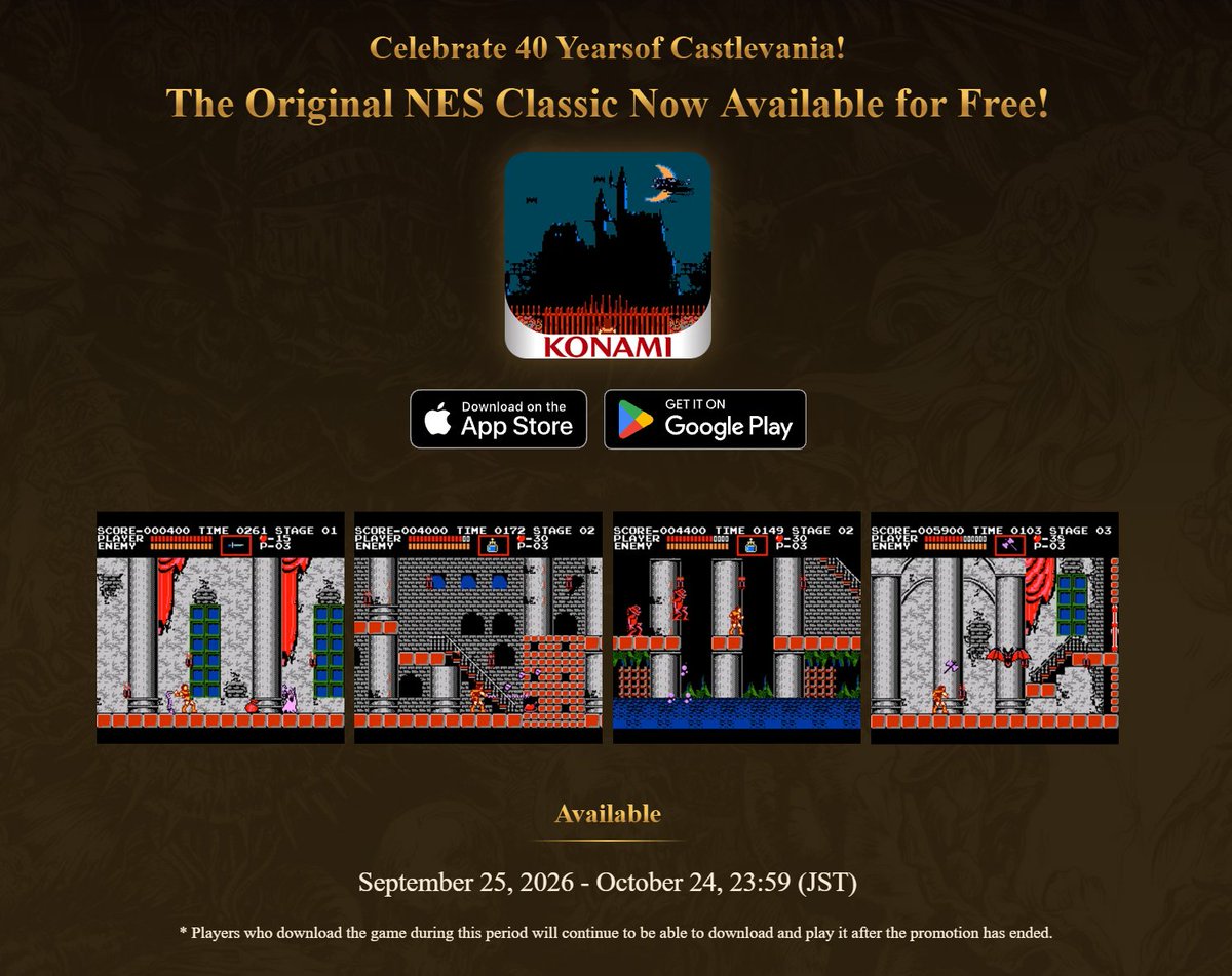 Wario64's tweet photo. Castlevania (NES) 40th Anniversary is available for free on mobile (claim by October 24) 
 
iOS https://t.co/KWSeQ555CB
Android https://t.co/y9BmnJDacB https://t.co/8Lmk90arE1