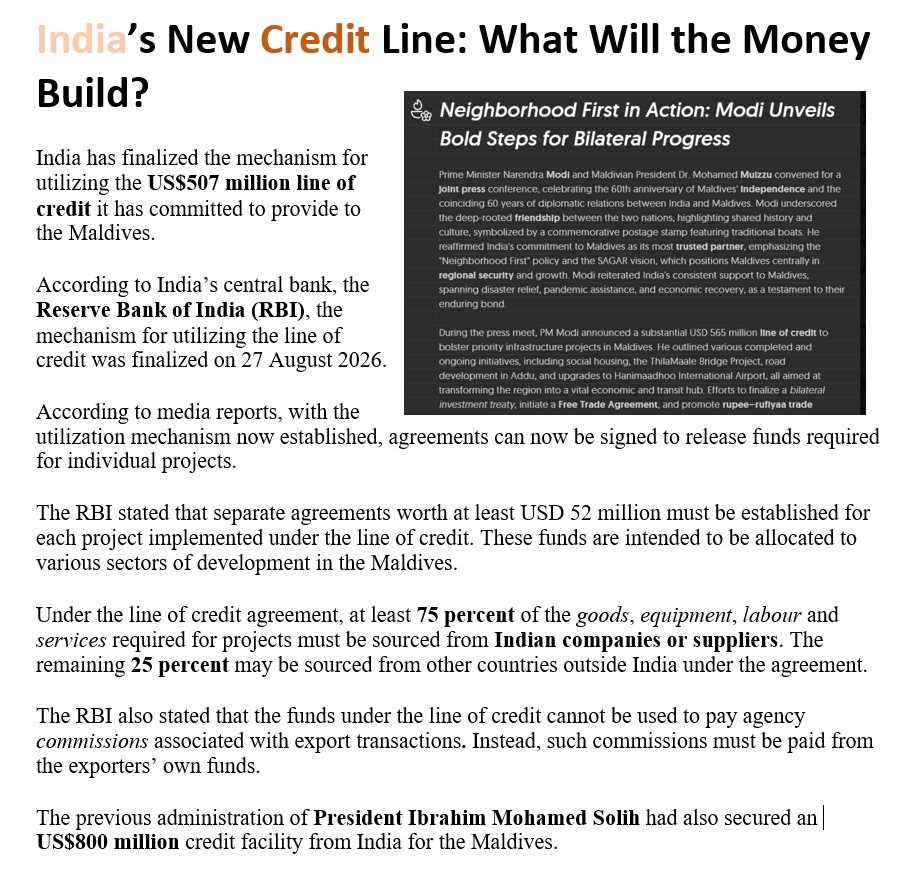 _mohamedimad's tweet photo. India’s US$507 million credit line is now operational requiring 75% of inputs sourced from India.
#Maldives #India #LineOfCredit #DevelopmentFinance #Infrastructure #PublicFinance #EconomicDevelopment #Debt #Investment #FiscalPolicy #MaldivesEconomy
#VisitMaldives https://t.co/XSVG6jjUD6