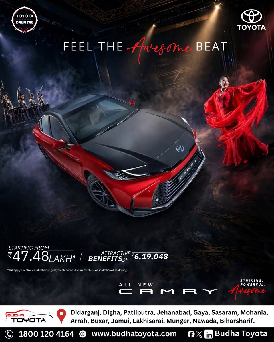 BudhaToyota's tweet photo. Feel the BEAT of pure exhilaration! 🥁🚗 Witness the stunning All New Toyota Camry in a powerful collaboration with DRUM TAO. Striking design, incredible performance.
#ToyotaCamry #AllNewCamry #FeelTheBeat #DrumTao #BudhaToyota #LuxuryCars https://t.co/T6hcDB6BaI