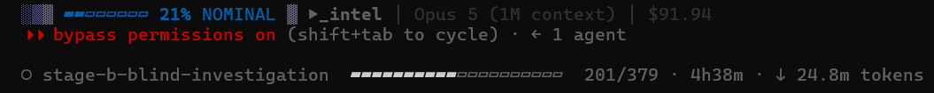 naresh_1337's tweet photo. This is how I cook with Claude Code. 🧠⚡

4h 38m deep. 24.8M tokens. 201/379.
One agent still grinding through the investigation.
At this point it’s not “prompting AI.”
It’s giving an agent a problem, context, tools, and enough runway to disappear into the rabbit hole.

Still cooking. 👨‍💻🔥