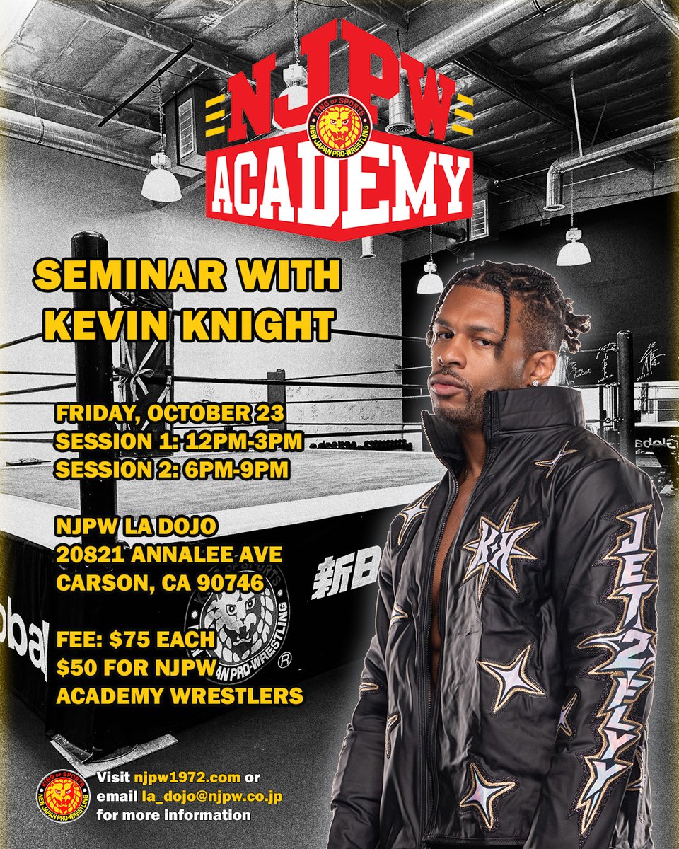 NJPWofAmerica's tweet photo. Attention pro-wrestlers!

Join AEW star and LA Dojo graduate Kevin Knight at NJPW Academy for seminars on October 23!

Sign up : https://t.co/amontZFMy6

#njpw #njpwAcademy #AEW @Jet2Flyy ✈️ https://t.co/hPDUQjM2r6