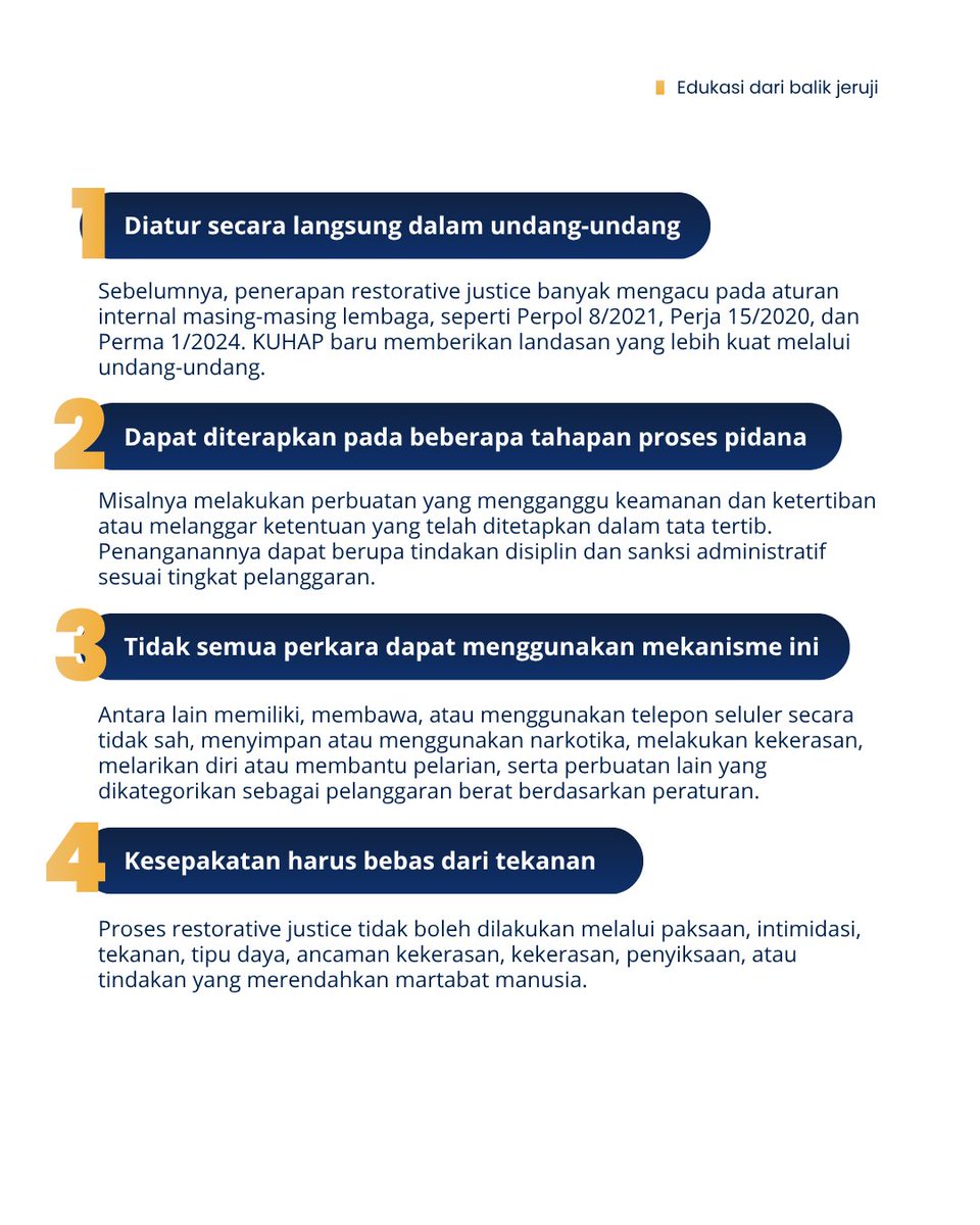 RUTAN_BNA's tweet photo. Mengenal Restorative Justice dalam KUHAP Baru

Penyelesaian perkara pidana yang mengedepankan pemulihan, tanggung jawab, dan kepentingan pihak yang terdampak sesuai ketentuan hukum.

Yuk, kenali lebih lanjut!

#kemenimipas
#guardandguide
#infoimipas
#rutanbanjarnegara https://t.co/Tm694uylJR