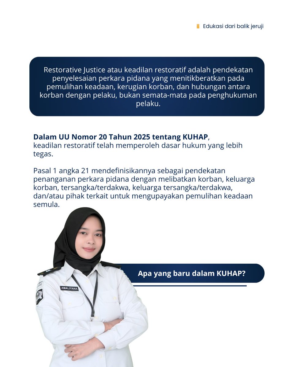 RUTAN_BNA's tweet photo. Mengenal Restorative Justice dalam KUHAP Baru

Penyelesaian perkara pidana yang mengedepankan pemulihan, tanggung jawab, dan kepentingan pihak yang terdampak sesuai ketentuan hukum.

Yuk, kenali lebih lanjut!

#kemenimipas
#guardandguide
#infoimipas
#rutanbanjarnegara https://t.co/Tm694uylJR