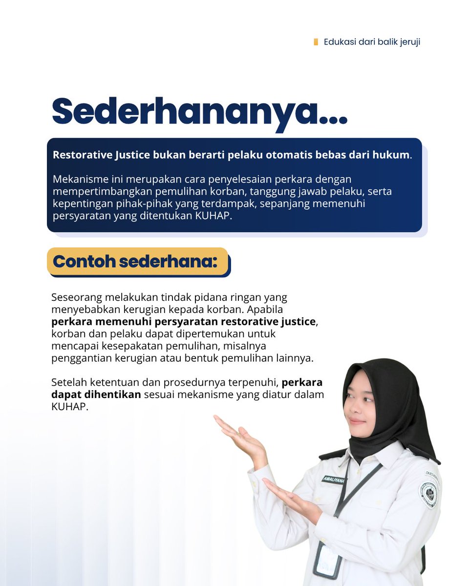 RUTAN_BNA's tweet photo. Mengenal Restorative Justice dalam KUHAP Baru

Penyelesaian perkara pidana yang mengedepankan pemulihan, tanggung jawab, dan kepentingan pihak yang terdampak sesuai ketentuan hukum.

Yuk, kenali lebih lanjut!

#kemenimipas
#guardandguide
#infoimipas
#rutanbanjarnegara https://t.co/Tm694uylJR