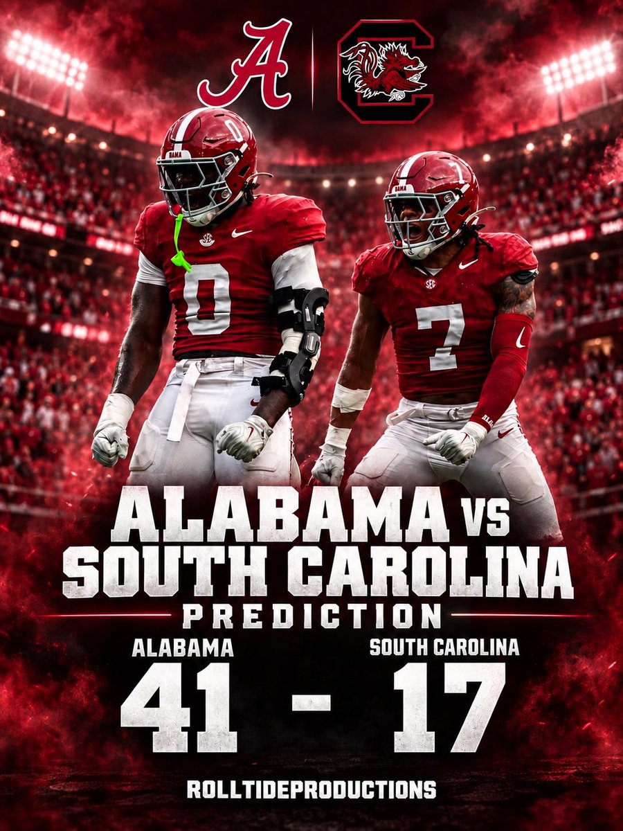 RollTideProds's tweet photo. ROLLTIDEPRODUCTIONS PREDICTS NO. 8 ALABAMA TO DEFEAT SOUTH CAROLINA 41 - 17 IN BRYANT-DENY STADIUM!๐๐๐
What are yโallโs predictions for the Alabama vs South Carolina Game let me know in the comments!๐ฅ๐ฅ๐ฅ
#alabamafootball #RollTide https://t.co/nqVfCLAHqn