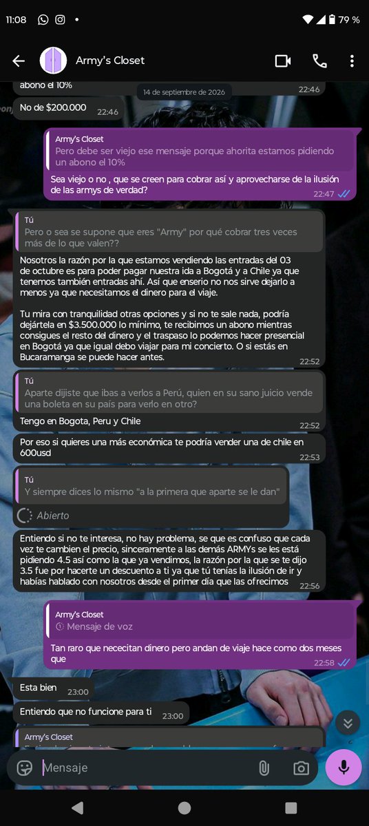 JBias99891's tweet photo. Inició vendiendo las boletas a 2'500 y en tiktok dice que necesita boletas para sus amigas que únicamente hace trato Army a Army, Pero en la tienda sigue vendiendo entradas, lo que me hace pensar que compra entradas baratas para venderlas al triple del precio en la tienda 😡 https://t.co/vfUu2azbaB