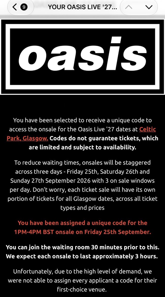roverswinton's tweet photo. Oasis presale code received #oasislive27 https://t.co/jRuQEfpsKi