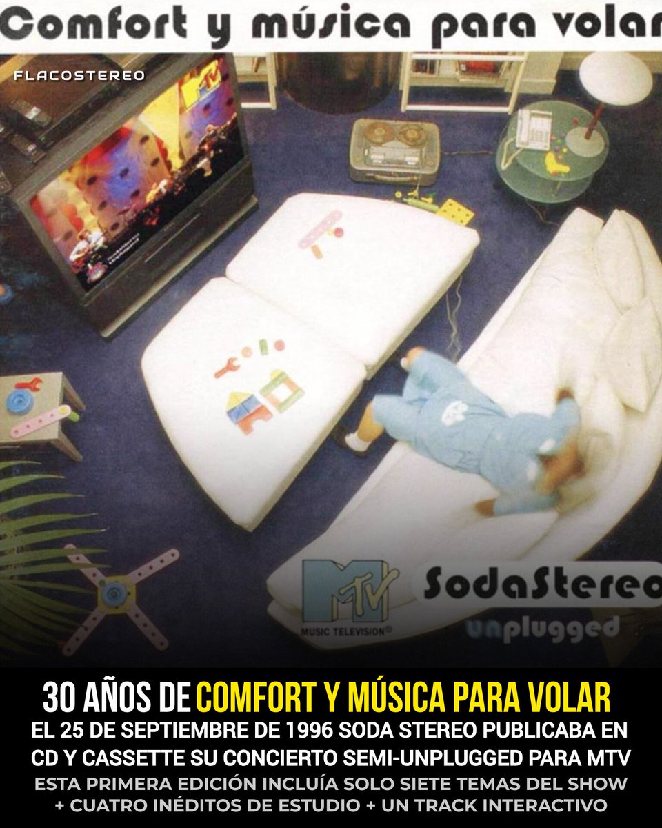 FlacoStereo's tweet photo. Soda Stereo: 30 años de "Comfort y Música Para Volar" 
El 25 de septiembre de 1996 publicaban en CD y cassette el concierto un-plugged que grabaron en Miami para MTV 

En 2007 se reedita completo en CD + DVD, y en 2021 en doble vinilo https://t.co/6r8HZhWBPK