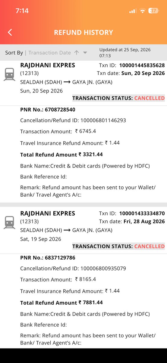Sumit0211k's tweet photo. @IRCTCofficial @RailMinIndia l I haven’t received the amount in my account of my both cancel Ticket please check and refund https://t.co/BejPB0fZ5P
