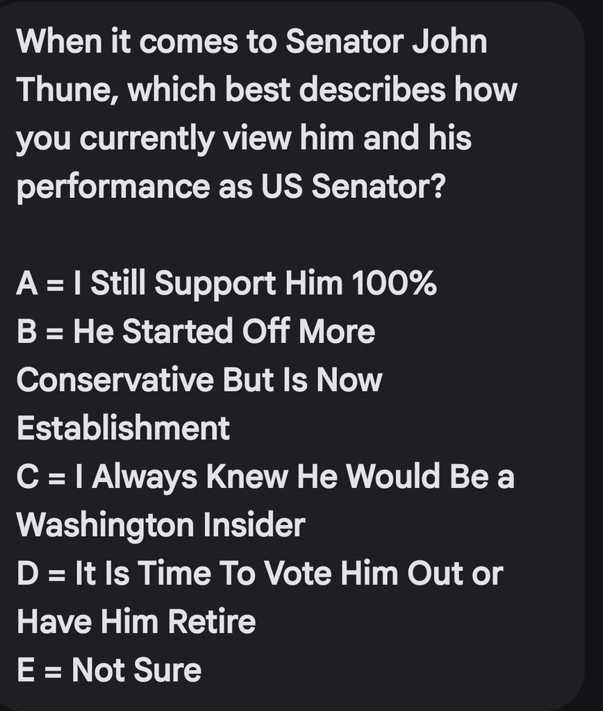 ScottPresler's tweet photo. South Dakota voters are receiving these text messages about Senate Majority Leader John Thune. 

I would vote “D.” https://t.co/hkcJTqqJeW