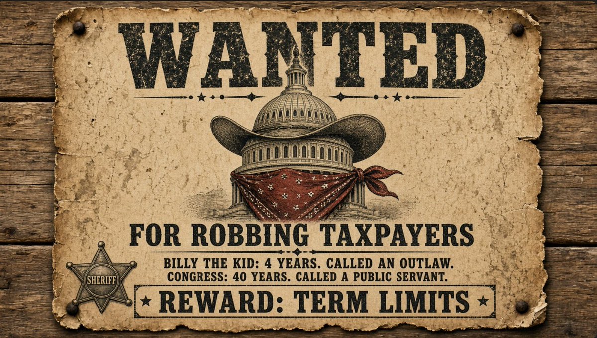Kentuckygirl1's tweet photo. Billy the Kid robbed people for about four years and got called an outlaw. 

Some members of Congress have been doing it for 40 years and get called "public servants." 

Term limits. 🤠 https://t.co/peW5Zne6xf