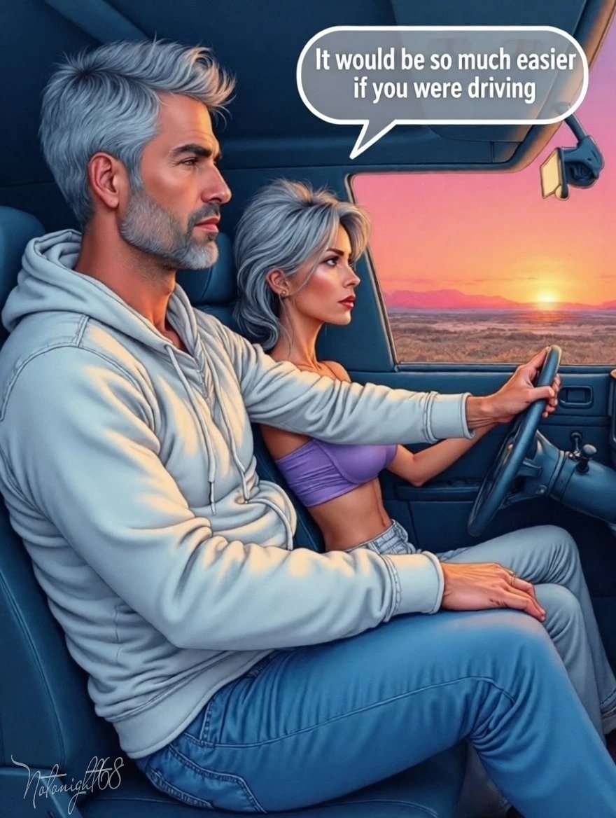 notonight68's tweet photo. THURSDAY HUMOR: We probably should have taken my car if she was going to give me "Road Head". π€ͺ #AIArtwork #gilf #eroticart #erotictales #olderwomen #oldermen #mood #edging #roadhead #kinkysex #mature https://t.co/ifcAbsvkHu