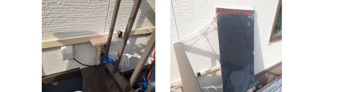 take00sapporo's tweet photo. 冬に備えてカーポートの屋根での縦置きを実施。
強風で前側に倒れる備えがいる。簡易治具の作成。
カーポートと家は20cmくらい空いているが地震では空間が変わるので揺らぎ可能にする。自宅壁によりかかせるのは今回ではじめて。洗濯干しにつかう「手すり」は最低限のみ使用。 https://t.co/CS6nOUy4z6