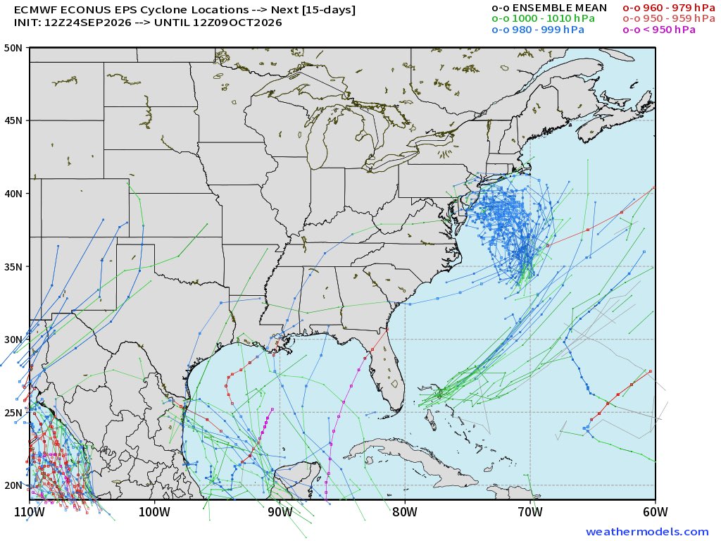 Eweather13's tweet photo. A lot of scribbling on the Euro ensemble tropical cyclone tracks map. https://t.co/kNfeh4Tdn9
