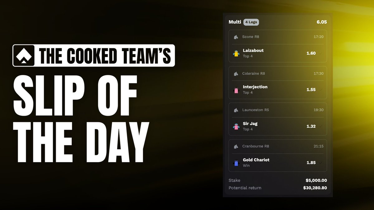 Cookedcom's tweet photo. The Cooked Team’s Slip of the Day 🐎

$5K on four legs. $30K back if it pays.

Want to be the one to get a cut if it lands? Drop your username and RT 👇 https://t.co/57vMPeKLqV