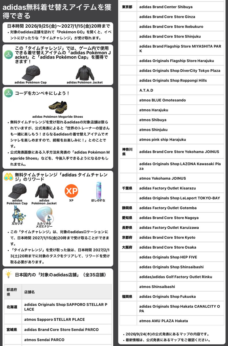 pokemapi's tweet photo. adidas無料着せ替えアイテムを獲得できる

ポケモンとadidasの期間限定コレクションの発売をお祝いして、

🎁ゲーム内で使用できる着せ替えアイテムの「adidas Pokémon Jacket」と「adidas Pokémon Cap」を獲得できる無料タイムチャレンジ

を受け取れます。

【受け取り方】

✅対象のadidas店舗を訪れて『Pokémon GO』を開く
📅期間は日本時間 2026/9/25(金)～2027/1/15(金)20時まで

💡無料タイムチャレンジのリワードには以下が含まれます。
➡️XP
➡️ほしのすな
➡️ルカリオとの出会い
➡️ルカリオのメガエナジー

💡 無料タイムチャレンジを受け取れるadidasの対象店舗は限られていますが、「さらなるadidasの着せ替えアイテムでオシャレを楽しめますので、続報をお楽しみに！」と発表されています。

画像の内容は記事でも確認できます👇
▼https://t.co/LsC8E6fQwS

#ポケモンGO