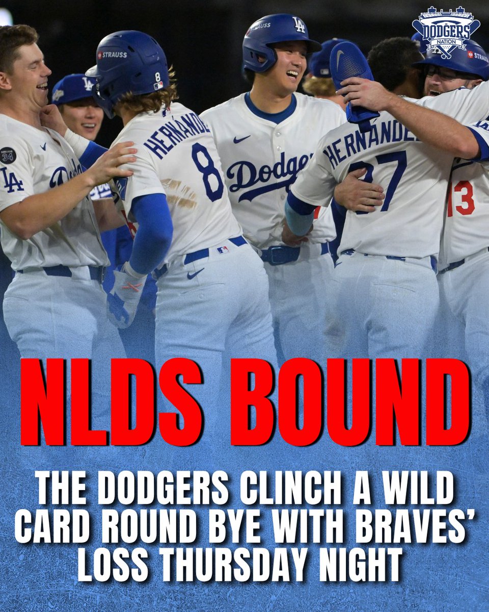 DodgersNation's tweet photo. The Dodgers are officially locked in for the NLDS 🤠🤠🤠

LA clinched a Wild Card round bye with Atlanta’s 7-6 loss to Cincinnati tonight.

Now time to get the series win over the Padres… LET’S GO 🔥 https://t.co/3AyAUSi4eW