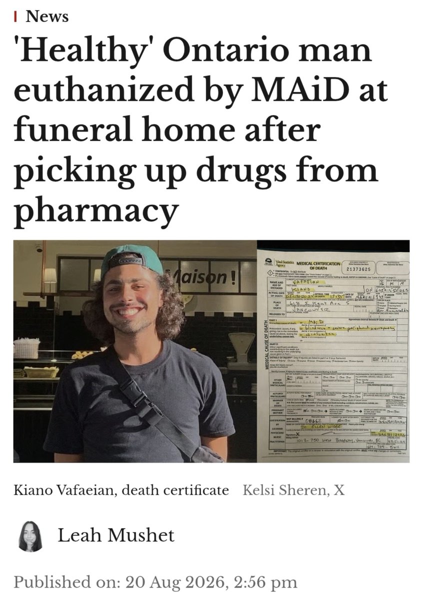 RealMattA_'s tweet photo. Canada is the only country on earth where a healthy person can walk into a funeral home and have people kill him with drugs from the pharmacy.

Legally.

And the pharmacy has drive-thru.

That's convenience.

That's service.

No wonder they call it MAiD. https://t.co/fbnRC5OAe9