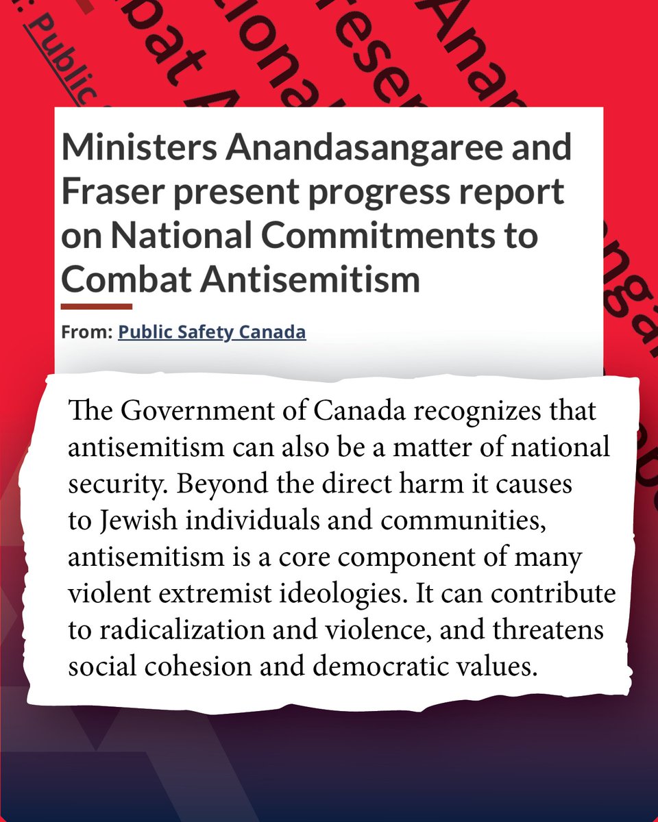 CIJAinfo's tweet photo. CIJA Welcomes Progress Report on National Commitments to Combat Antisemitism:

The federal government’s progress report on its commitments to combat antisemitism underscores the seriousness of the threat to Canada’s national security, social cohesion and democratic values.
 
We welcome the government’s clear affirmation that antisemitism includes antizionism, which institutions across Canada must recognize and address.

In addition to highlighting two important milestones – the significant investment in Canada Community Security Program and the passage of the Combatting Hate Act – the report lays out three pillars for action with intended outcomes that, if fully implemented correctly, could have a meaningful impact on the safety of our community. 

We will continue to advocate fiercely for urgent, concrete steps necessary to safeguard our community. 

We appreciate Ministers @SeanFraserMP and @Gary_SRP's commitment to advancing this agenda, to promoting consistent enforcement of the law and key reforms to further strengthen security for our communities. 

On Yom Kippur in Belleville, the extraordinary heroism of Constables Jeff Smith, Michael McCurdy and their fellow police officers helped prevent what could have been a mass-casualty terrorist attack. Their bravery is an example for all Canadians of the courage and resolve required to confront this shared threat to our safety and way of life.

Read the full report:
https://t.co/OJIaJ7ZS8b