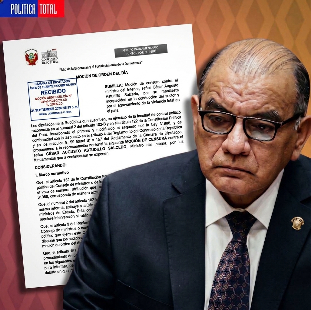 POLITICATOTALpe's tweet photo. #URGENTE Oficializan la Moción de Censura contra el Ministro del Interior César Astudillo:
♦️Documento ingresado el jueves por la tarde lleva las firmas de 35 diputados de 3 distintos grupos parlamentarios
♦️27 de Juntos por el Perú, 4 de Obras y 4 del Partido del Buen Gobierno