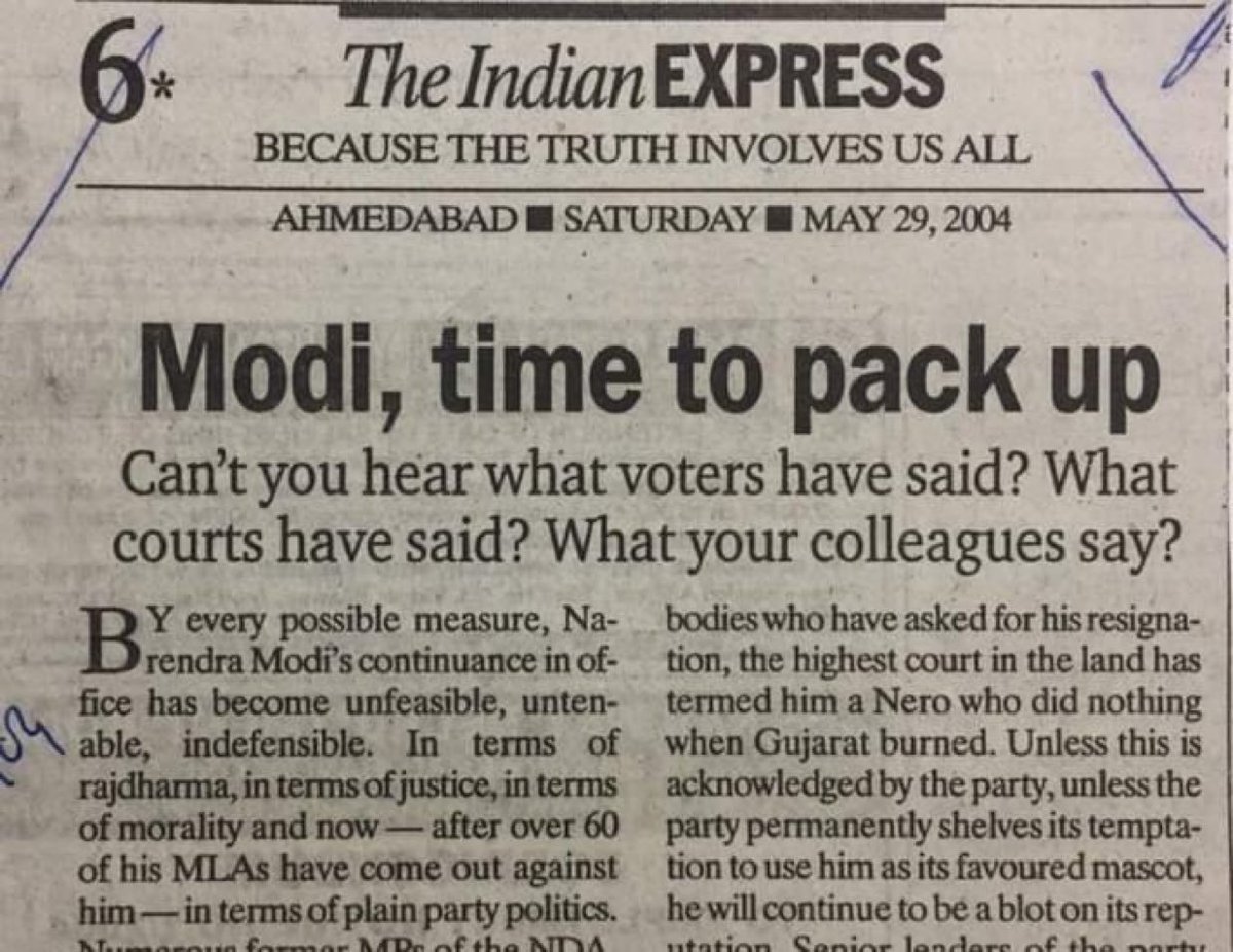 rishibagree's tweet photo. In 2004, the Indian Express advised Gujarat CM Narendra Modi to pack up.

Ten years later, Modi took their valuable advice seriously, packed his bags, and relocated to Delhi permanently. Now he is packing everyone’s bag in each elections.

That’s the Power of Media 🙌😂 https://t.co/dBHLUeQXWB