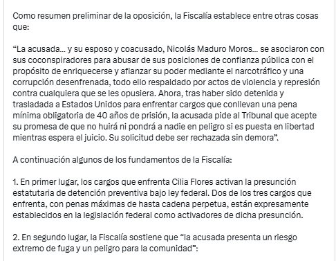 ElNacionalWeb's tweet photo. #24Sep | La Fiscalía de Estados Unidos solicitó formalmente a una corte de Nueva York rechazar la libertad provisional para Cilia Flores, argumentando que existe un "significativo riesgo de fuga" ante los graves cargos por narcotráfico que enfrenta. ⚖️🇺🇸

Las autoridades desestimaron los argumentos de la defensa sobre su estado de salud, señalando que recibe atención adecuada en el centro de reclusión de Brooklyn y que una posible condena de larga duración representa un fuerte incentivo para evadir la justicia, a la espera de la audiencia fijada para el próximo 8 de octubre. ⛓🔒

🔗 Lee más en https://t.co/3MJqMb0PlH