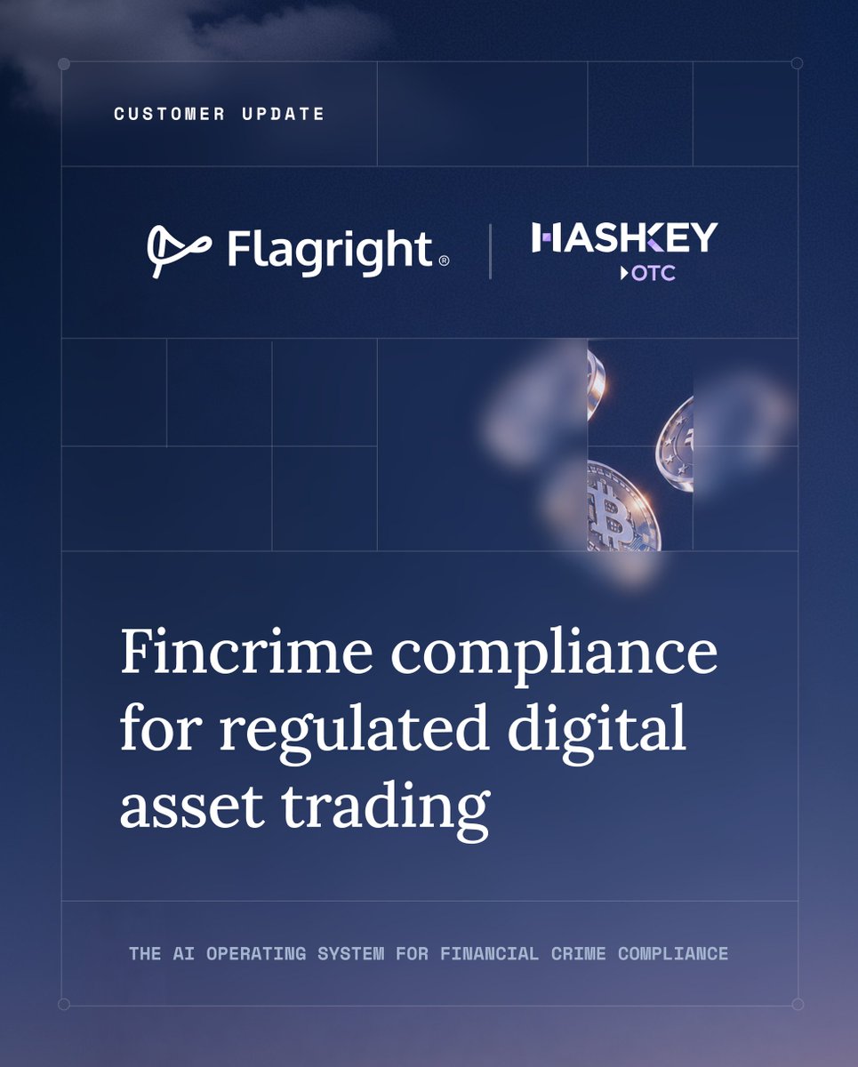 FlagrightHQ's tweet photo. 💬 "When you're moving money across fiat and digital assets under a regulator's watch, speed and control have to work together," said Jason Tay, CEO, HashKey Technology Services. "Flagright gives us real-time transaction monitoring, dynamic risk scoring, AI forensics that speed up investigations, and a centralized case management environment that lets our team move fast on alerts while staying audit-ready for MAS."

@HashKeyOTC has selected Flagright to power financial crime monitoring and investigations across its Singapore business, operating under a Major Payment Institution license from MAS.

For teams working across fiat and digital asset flows, compliance needs real-time visibility without trading off audit rigor.

🔗 Read the full announcement: https://t.co/oaeYEhE5tC
