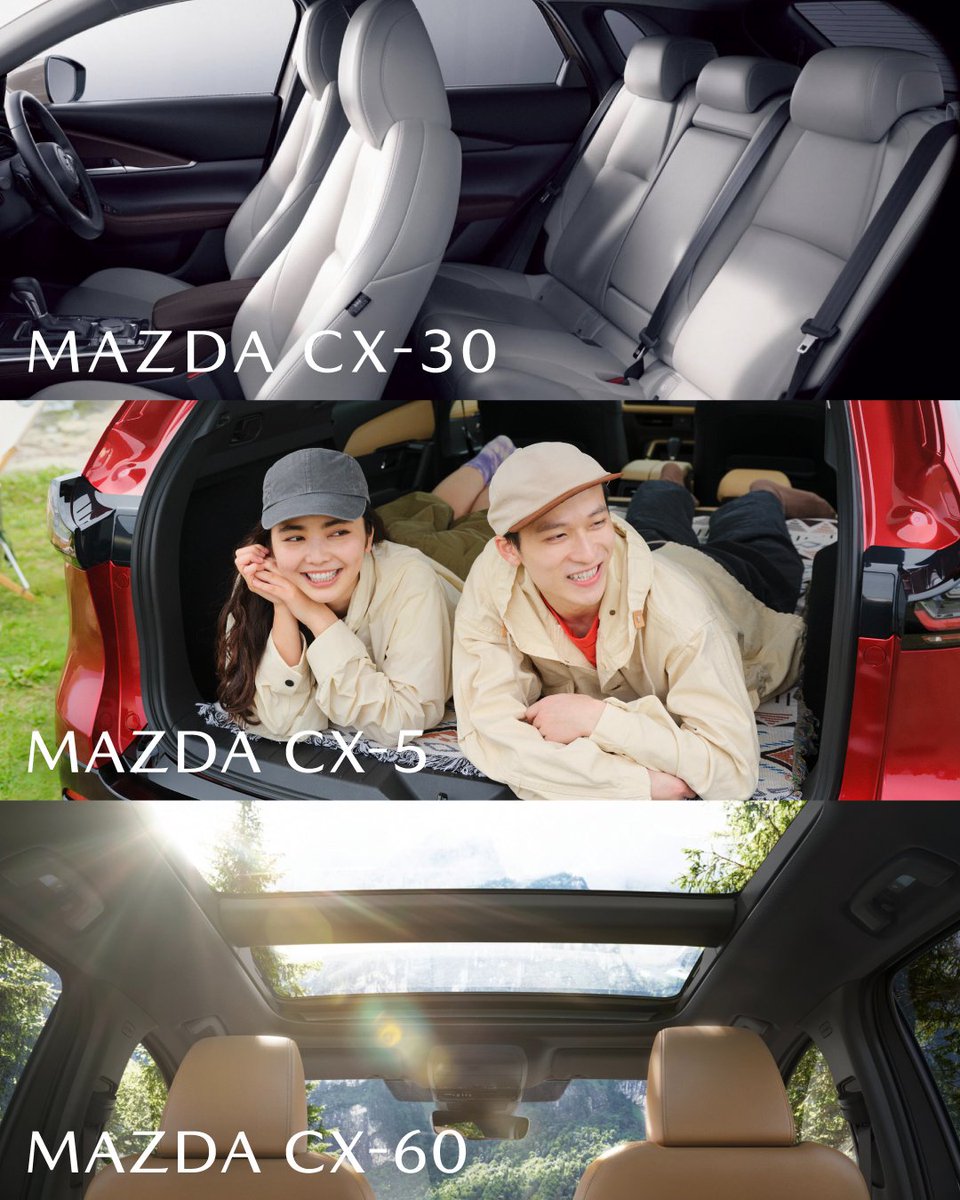 Mazda_PR's tweet photo. ◇どのSUVが気になる？ 室内空間篇◇
ライフスタイルや走りの好みなど、あなたにぴったりなMAZDAのSUVを探す「どのSUVが気になる？」本日は室内空間篇です。

📍CX-30
包み込まれるような心地よさを求めるあなたに✨
立体駐車場でも扱いやすいコンパクトなサイズでありながら、素材や仕立てなどのクラフトマンシップにもこだわったCX-30。
上質で豊かな室内空間が、きっとあなたの毎日にときめきをもたらしてくれるはずです🚗✨

📍CX-5
後席や荷室のゆとりを重視するアクティブ派のあなたに✨
足を組んでもゆったりくつろげる広さの後席はもちろん、レジャー用品や荷物をたっぷり積み込める大容量の荷室もCX-5の魅力です。
後席を倒せば、さらに広々としたフラットな空間が出現。アウトドアや旅行など、あなたのアクティブな毎日をしっかり支えてくれます🚗

📍CX-60
上質な室内空間は外せないあなたに✨
光の移ろいが心地よいCX-60の室内空間は、あなたの移動する時間をより優雅なひとときへと変えてくれます。
インテリアの質感やシートカラーは、ぜひじっくり吟味していただきたいポイントです。
見るたび、触れるたびに愛着が深まっていく。
それがCX-60の室内空間です🚗

あなたがSUVの室内空間で重視するポイントは何ですか？
ぜひコメントで教えてください✨

各車種について詳しくはこちらから検索
https://t.co/3z4une1xQ4

#MAZDA #マツダ #走りたいをつくりたい #SUV #CX30 #CX5 #CX60