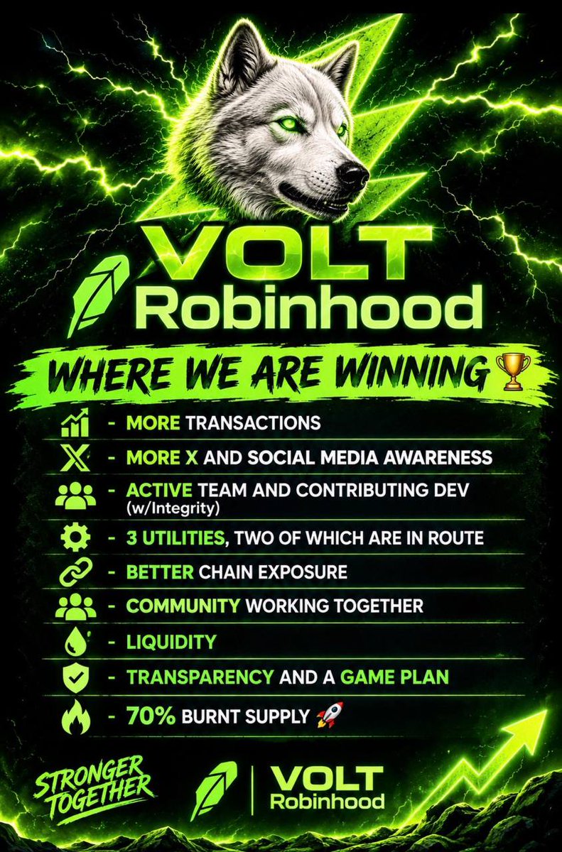 CryptoSpudo's tweet photo. ⚡ VOLT INU on Robinhood @RobinhoodCrypto ⚡

🔥 70% OF SUPPLY BURNED
🚀 VoltiEco 2 LIVE — BIGGER. BETTER. BUILDING.
https://t.co/6j8NsLvNBm

⚙️ VoltiSoft
https://t.co/SpxEEQbqUA

Telegram: https://t.co/gjJEpPiw1P
X: @Voltinu_RH

CA: 0x5d102d1e69e77591d486aa4f663b3645151bbdf6 https://t.co/E6KzaSazco