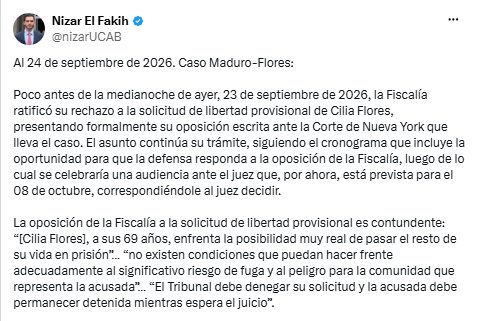 ElNacionalWeb's tweet photo. #24Sep | La Fiscalía de Estados Unidos solicitó formalmente a una corte de Nueva York rechazar la libertad provisional para Cilia Flores, argumentando que existe un "significativo riesgo de fuga" ante los graves cargos por narcotráfico que enfrenta. ⚖️🇺🇸

Las autoridades desestimaron los argumentos de la defensa sobre su estado de salud, señalando que recibe atención adecuada en el centro de reclusión de Brooklyn y que una posible condena de larga duración representa un fuerte incentivo para evadir la justicia, a la espera de la audiencia fijada para el próximo 8 de octubre. ⛓🔒

🔗 Lee más en https://t.co/3MJqMb0PlH