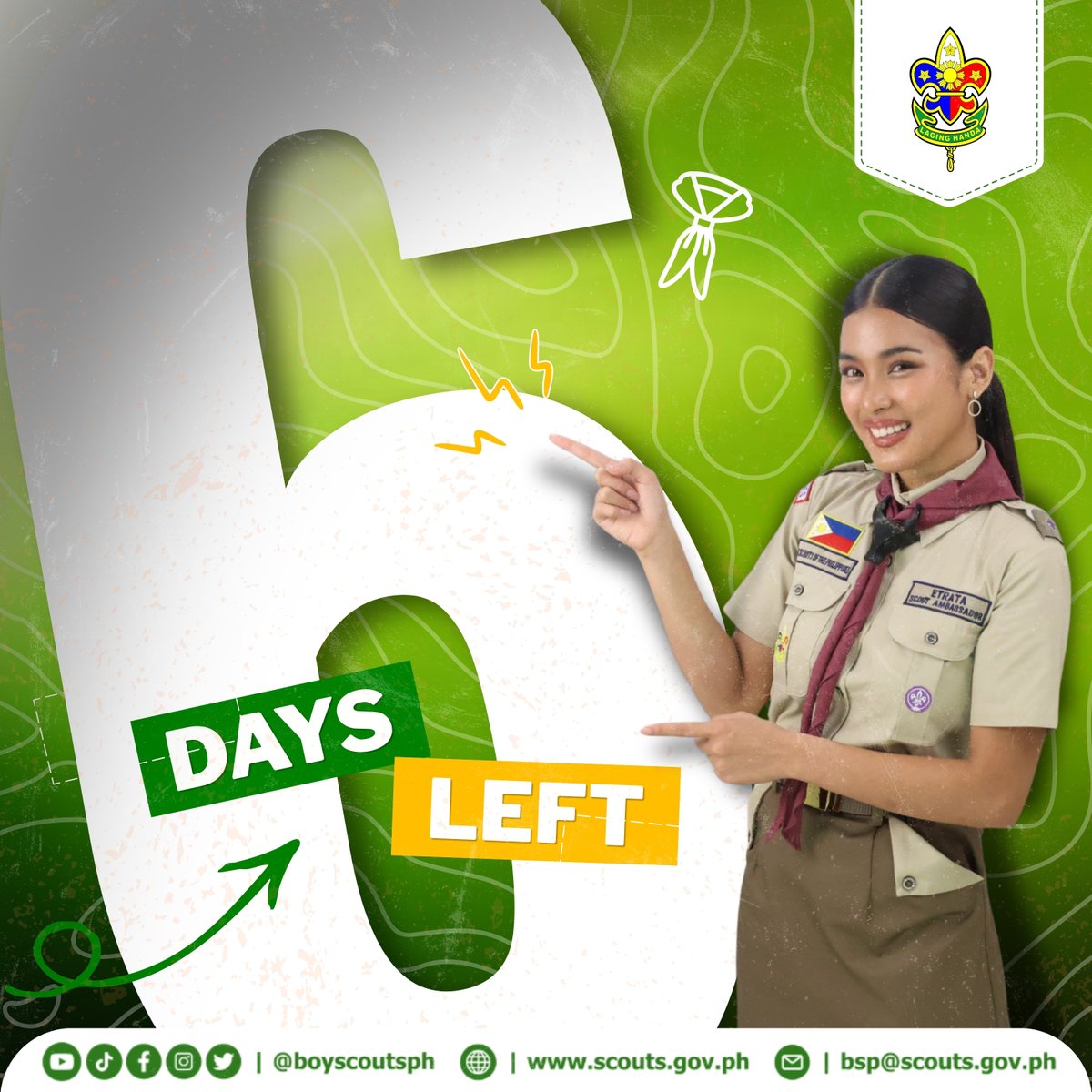 boyscoutsPH's tweet photo. 𝗦𝗰𝗼𝘂𝘁𝗶𝗻𝗴 𝗠𝗼𝗻𝘁𝗵 𝗺𝗮𝘅𝘅𝗶𝗻𝗴 𝗶𝘀 𝗦𝗜𝗫 𝗦𝗟𝗘𝗘𝗣𝗦 𝗔𝗪𝗔𝗬! 

Hindi puwedeng solo flight this October. Ate Shuvee is asking… sino ang ka-Scouting Month maxxing mo? I-tag mo na ang gusto mong makasama sa buong month of adventure! 

#ScoutingMonth2026
#ScoutsPH https://t.co/gnWfibbEQF