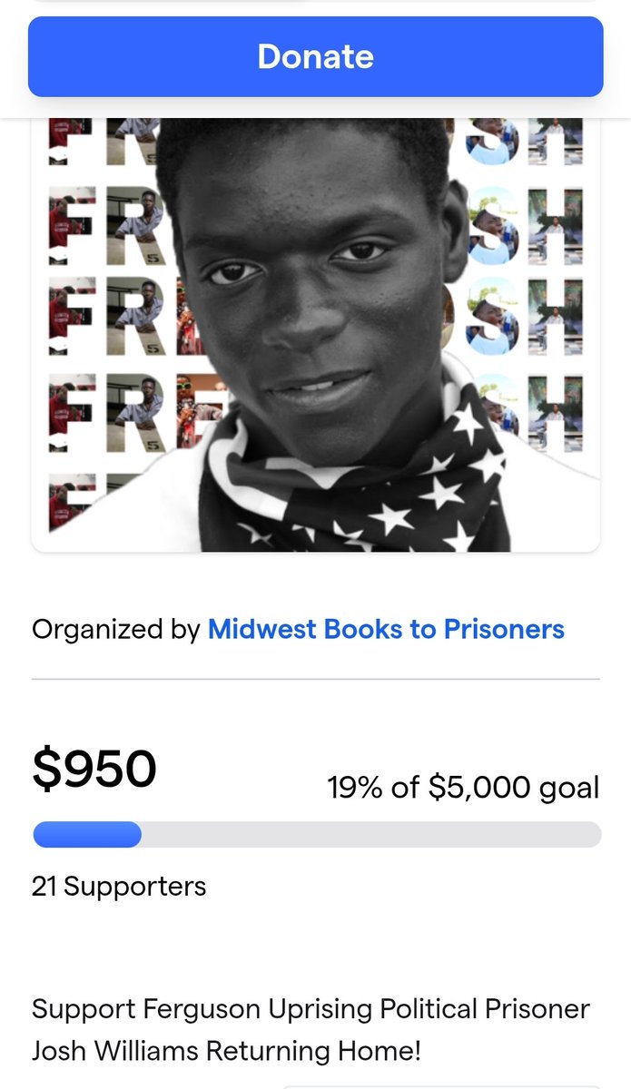 ADayIn1920's tweet photo. This is incredible! Ferguson uprising political prisoner,Josh Williams is due to be released from prison this Nov after being locked up for 11 yrs! Midwest Books To Prisoners is raising funds to help smooth his transition! Donate if you can and pass it on!
https://t.co/NaiCrU7Hq5 https://t.co/lRVIg1kaiT